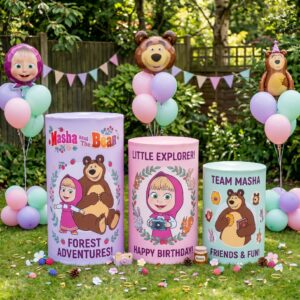 Masha and the Bear Theme Premium Printed Cylinder Plinth Cover Set - 3 Pieces Birthday, Baby Showers, Events, Gifts
