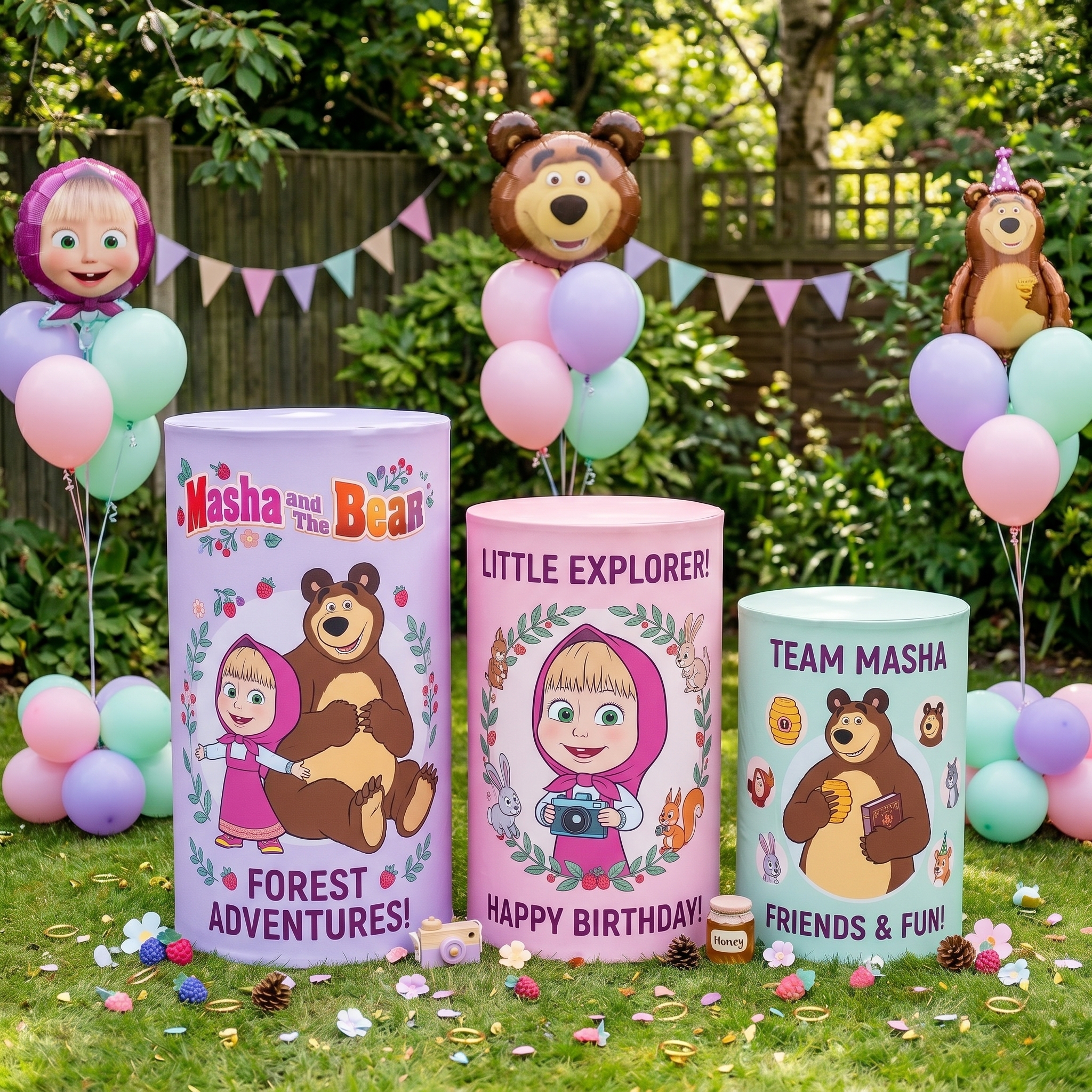 Masha and the Bear Theme Premium Printed Cylinder Plinth Cover Set - 3 Pieces Birthday, Baby Showers, Events, Gifts
