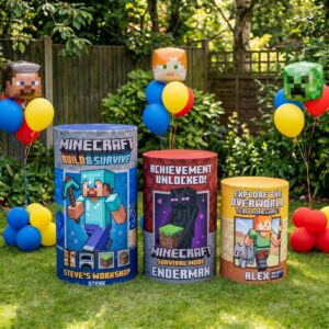 Minecraft Theme Premium Printed Cylinder Plinth Cover Set - 3 Pieces Birthday, Baby Showers, Events, Gifts
