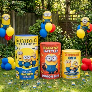 Minions Theme Premium Printed Cylinder Plinth Cover Set - 3 Pieces Birthday, Baby Showers, Events, Gifts