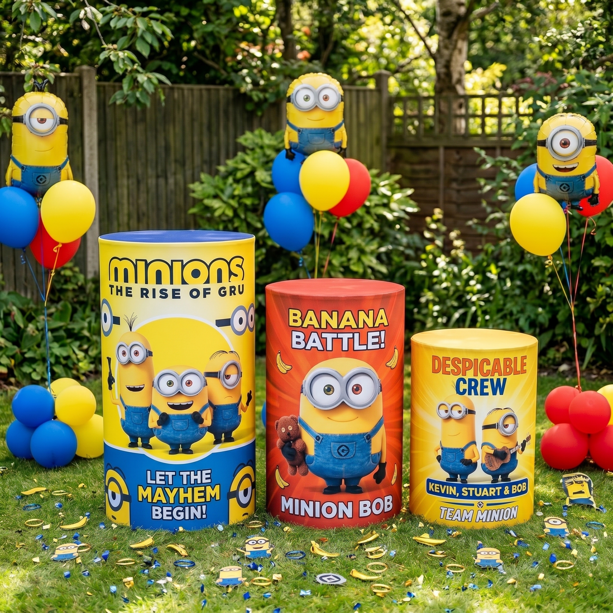 Minions Theme Premium Printed Cylinder Plinth Cover Set - 3 Pieces Birthday, Baby Showers, Events, Gifts