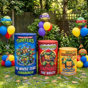 TMNT Ninja Turtles Theme Premium Printed Cylinder Plinth Cover Set - 3 Pieces Birthday, Baby Showers, Events, Gifts