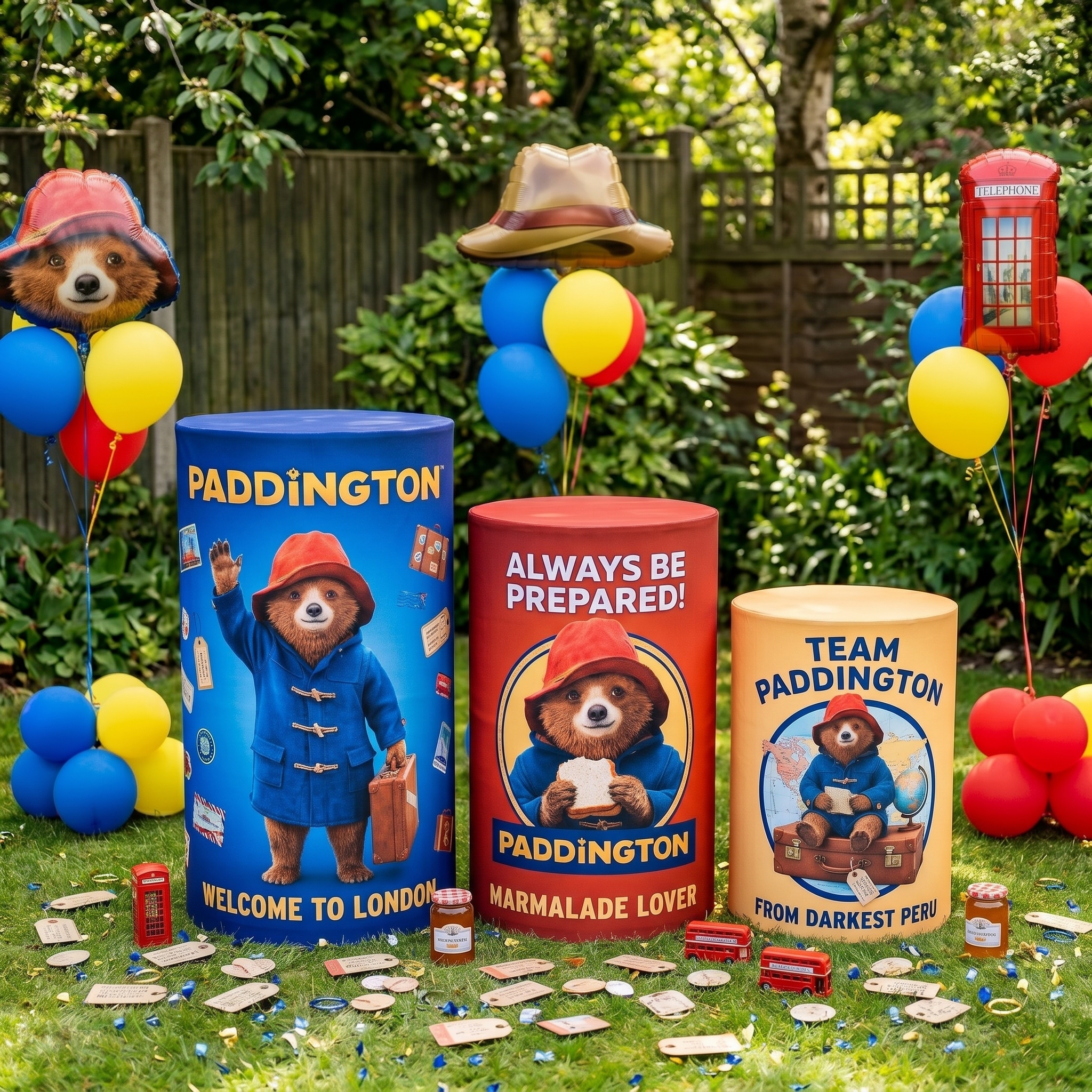 Paddington Theme Premium Printed Cylinder Plinth Cover Set - 3 Pieces Birthday, Baby Showers, Events, Gifts