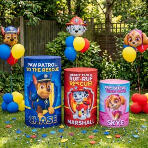 Paw Patrol Theme Premium Printed Cylinder Plinth Cover Set - 3 Pieces Birthday, Baby Showers, Events, Gifts