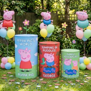 Peppa Pig Theme Premium Printed Cylinder Plinth Cover Set - 3 Pieces Birthday, Baby Showers, Events, Gifts