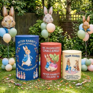 Peter Rabbit Blue Theme Premium Printed Cylinder Plinth Cover Set - 3 Pieces Birthday, Baby Showers, Events, Gifts