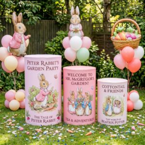 Peter Rabbit Pink Theme Premium Printed Cylinder Plinth Cover Set - 3 Pieces Birthday, Baby Showers, Events, Gifts