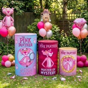 Pink Panther Theme Premium Printed Cylinder Plinth Cover Set - 3 Pieces Birthday, Baby Showers, Events, Gifts