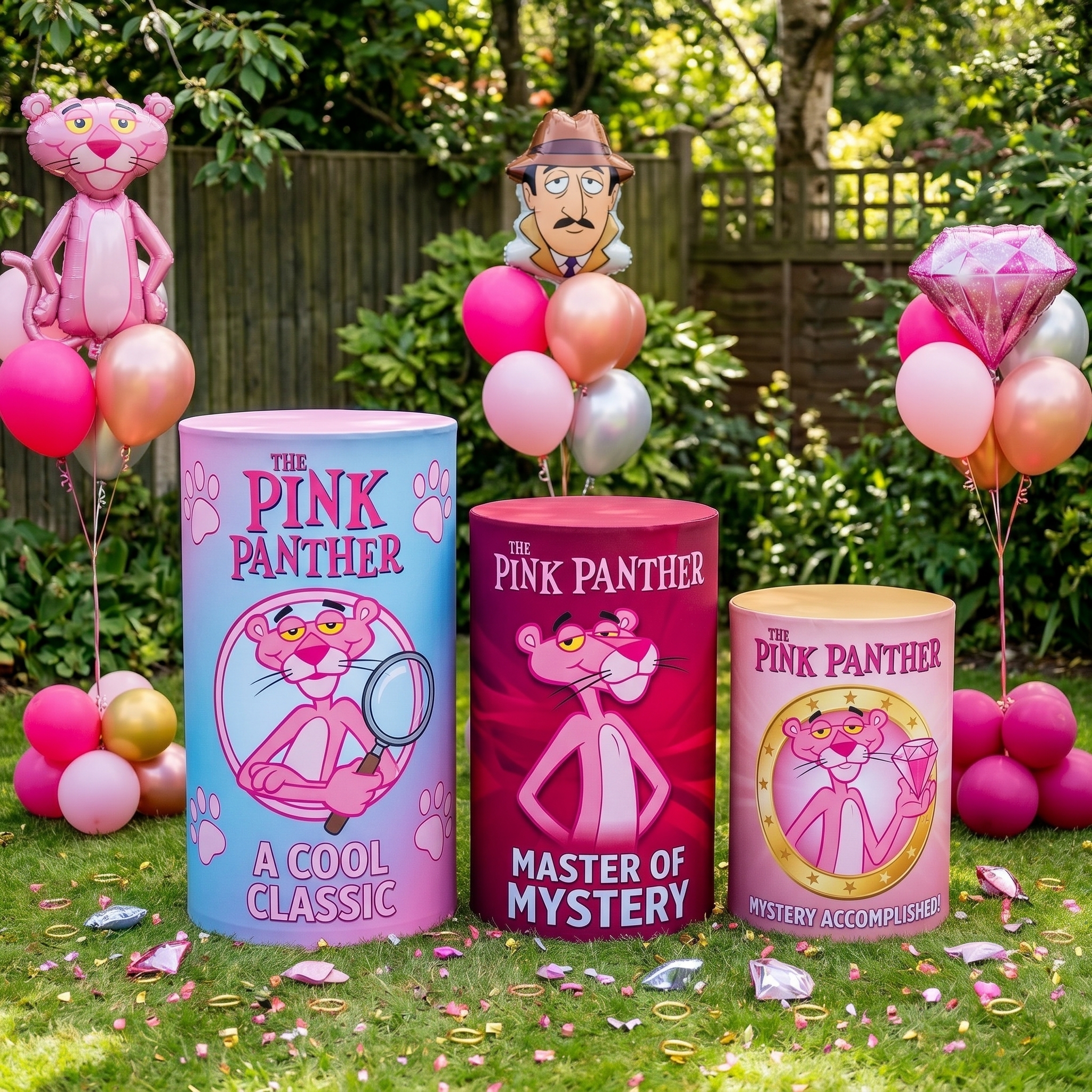 Pink Panther Theme Premium Printed Cylinder Plinth Cover Set - 3 Pieces Birthday, Baby Showers, Events, Gifts