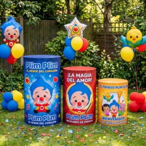 Plim Plim Little Clown Circus Theme Premium Printed Cylinder Plinth Cover Set - 3 Pieces Birthday, Baby Showers, Events, Gifts