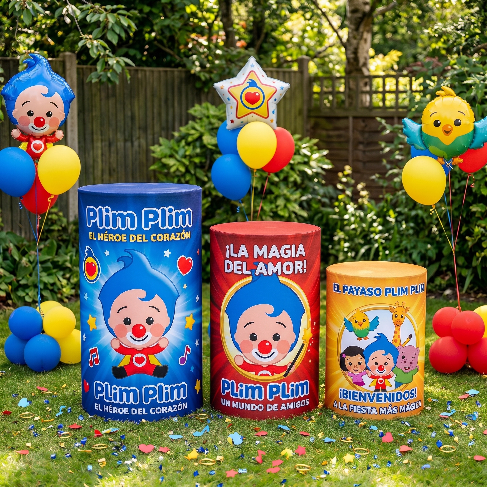 Plim Plim Little Clown Circus Theme Premium Printed Cylinder Plinth Cover Set - 3 Pieces Birthday, Baby Showers, Events, Gifts
