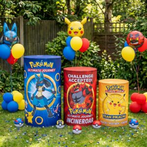 Pokemon Theme Premium Printed Cylinder Plinth Cover Set - 3 Pieces Birthday, Baby Showers, Events, Gifts