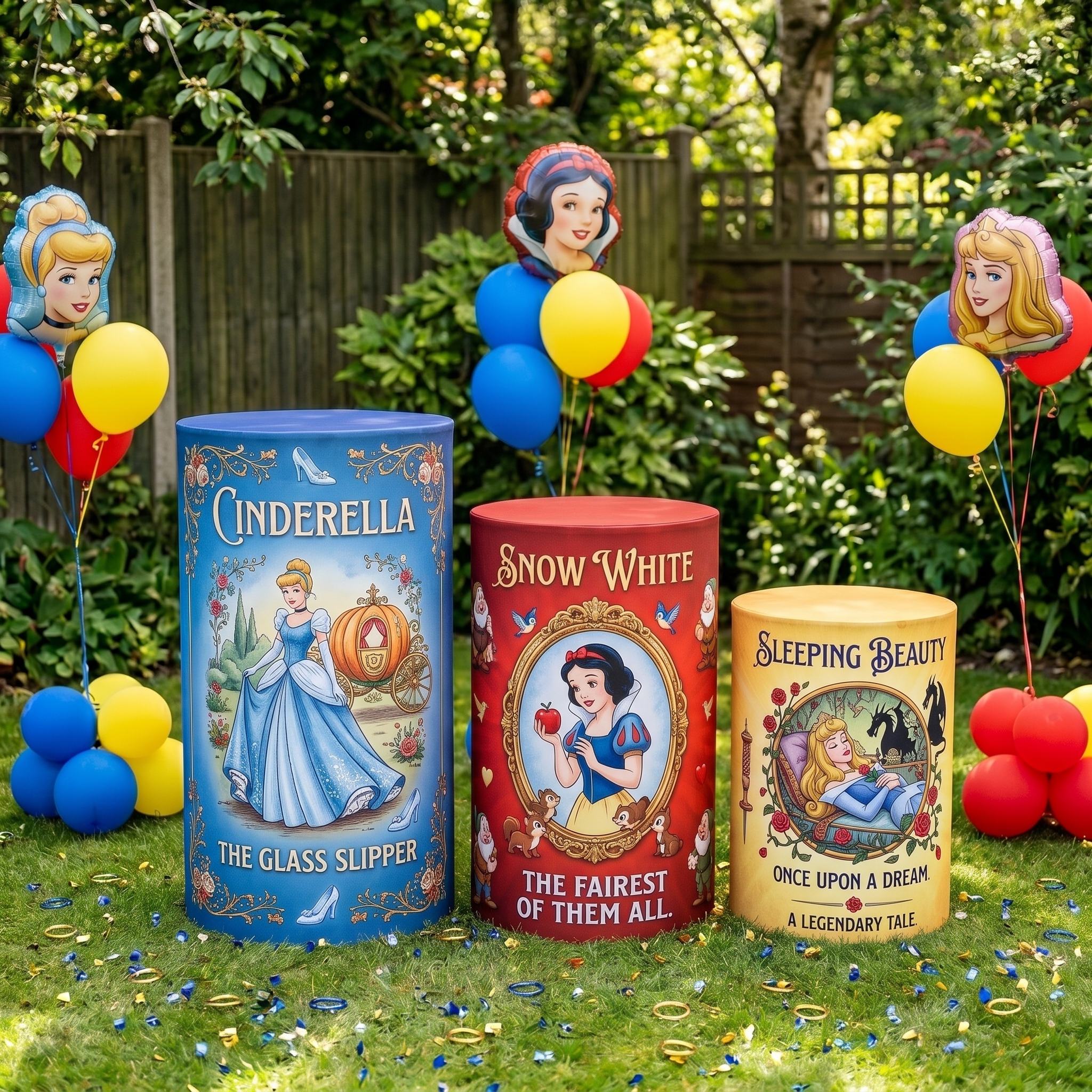Princesses Theme Premium Printed Cylinder Plinth Cover Set - 3 Pieces Birthday, Baby Showers, Events, Gifts