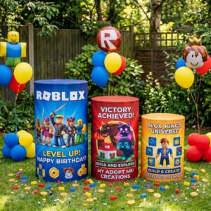 Roblox Theme Premium Printed Cylinder Plinth Cover Set - 3 Pieces Birthday, Baby Showers, Events, Gifts