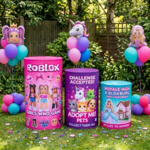 Roblox Girls Theme Premium Printed Cylinder Plinth Cover Set - 3 Pieces Birthday, Baby Showers, Events, Gifts