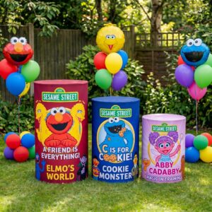 Sesame Street Theme Premium Printed Cylinder Plinth Cover Set - 3 Pieces Birthday, Baby Showers, Events, Gifts