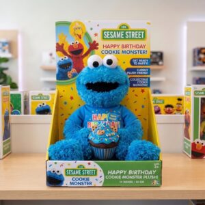 14" Sesame Street Cookie Monster Birthday Themed Plush Plushy Toy in Collector's Display Box Gift Present Keepsake