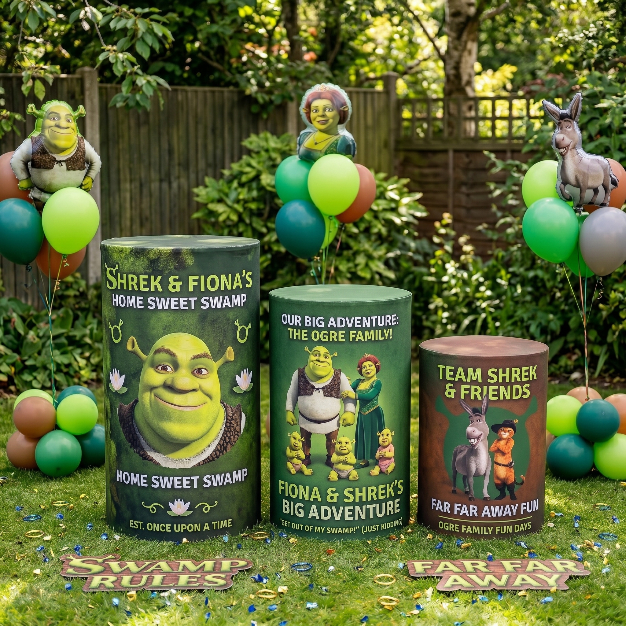 Shrek Theme Premium Printed Cylinder Plinth Cover Set - 3 Pieces Birthday, Baby Showers, Events, Gifts