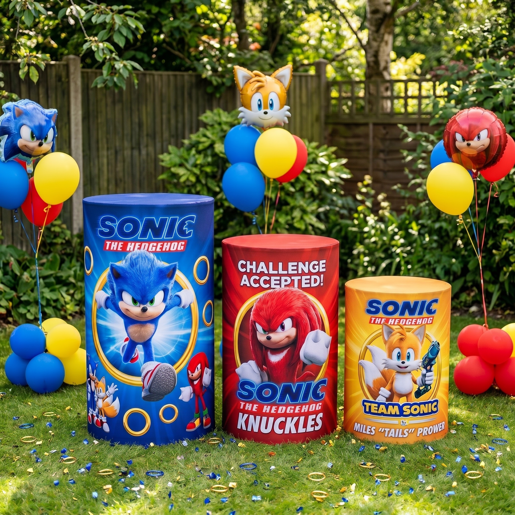 Sonic the Hedgehog Movie Theme Premium Printed Cylinder Plinth Cover Set - 3 Pieces Birthday, Baby Showers, Events, Gifts