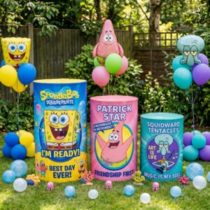 SpongeBob SquarePants Theme Premium Printed Cylinder Plinth Cover Set - 3 Pieces Birthday, Baby Showers, Events, Gifts