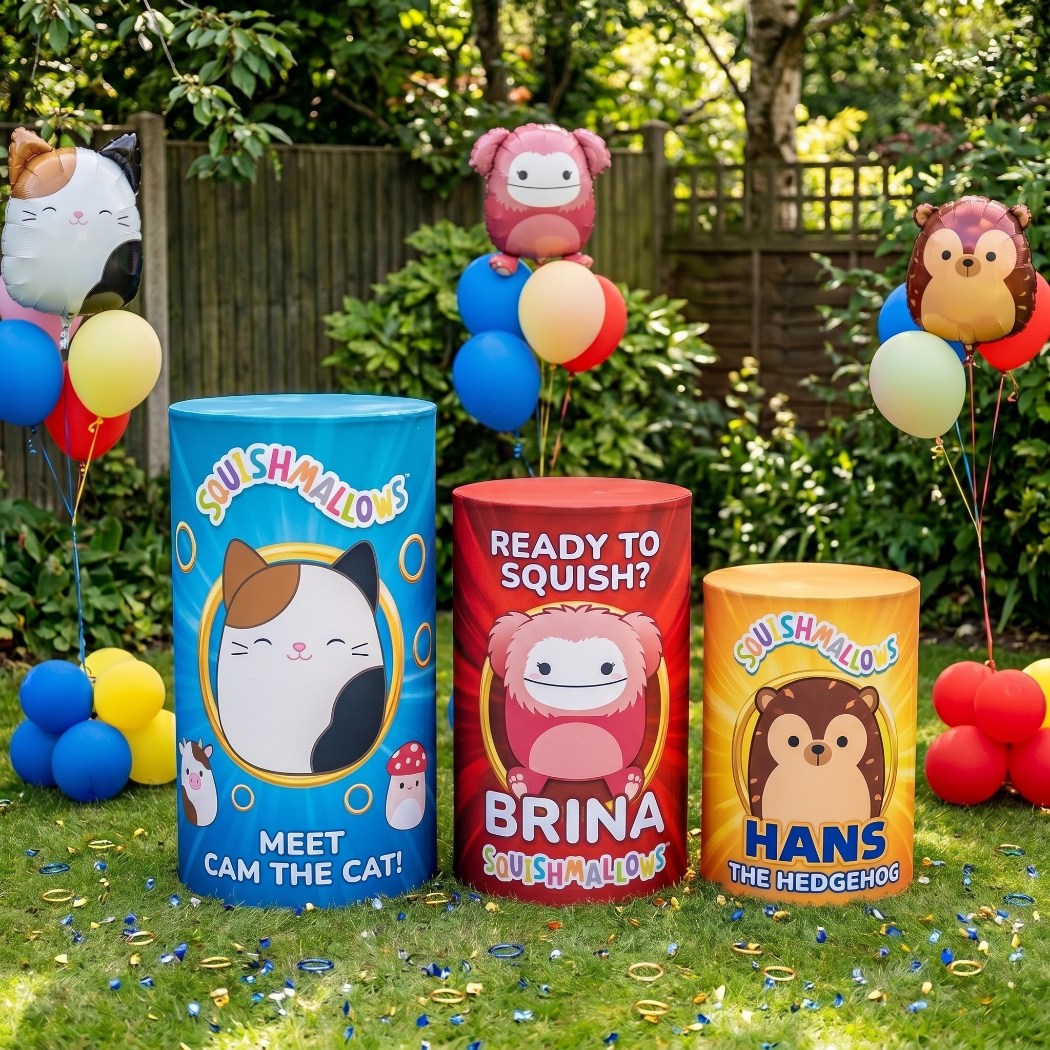 Squishmallows Theme Premium Printed Cylinder Plinth Cover Set - 3 Pieces Birthday, Baby Showers, Events, Gifts