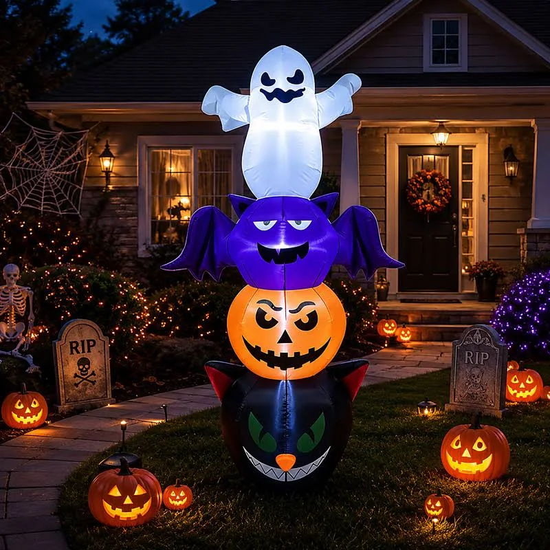 Cat Pumpkin Bat Ghost Stacked Inflatable Yard 6' Foot Decoration Party Prop Sign Halloween