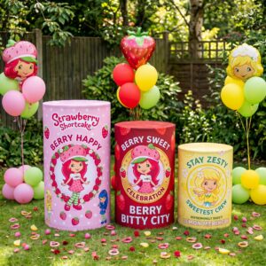 Strawberry Shortcake Theme Premium Printed Cylinder Plinth Cover Set - 3 Pieces Birthday, Baby Showers, Events, Gifts