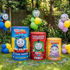 Thomas All Engines Go Theme Premium Printed Cylinder Plinth Cover Set - 3 Pieces Birthday, Baby Showers, Events, Gifts
