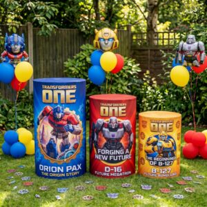 Transformers One Theme Premium Printed Cylinder Plinth Cover Set - 3 Pieces Birthday, Baby Showers, Events, Gifts
