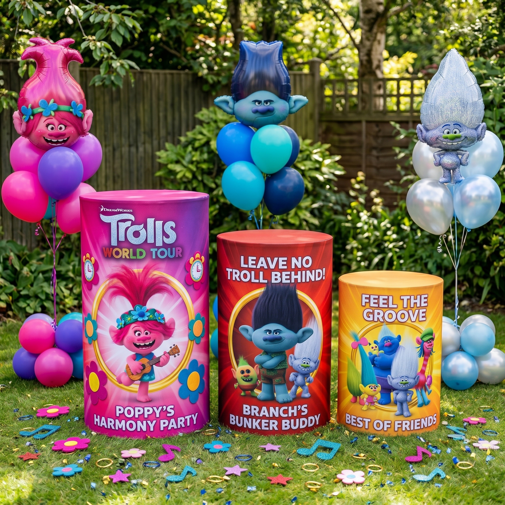 Trolls Theme Premium Printed Cylinder Plinth Cover Set - 3 Pieces Birthday, Baby Showers, Events, Gifts