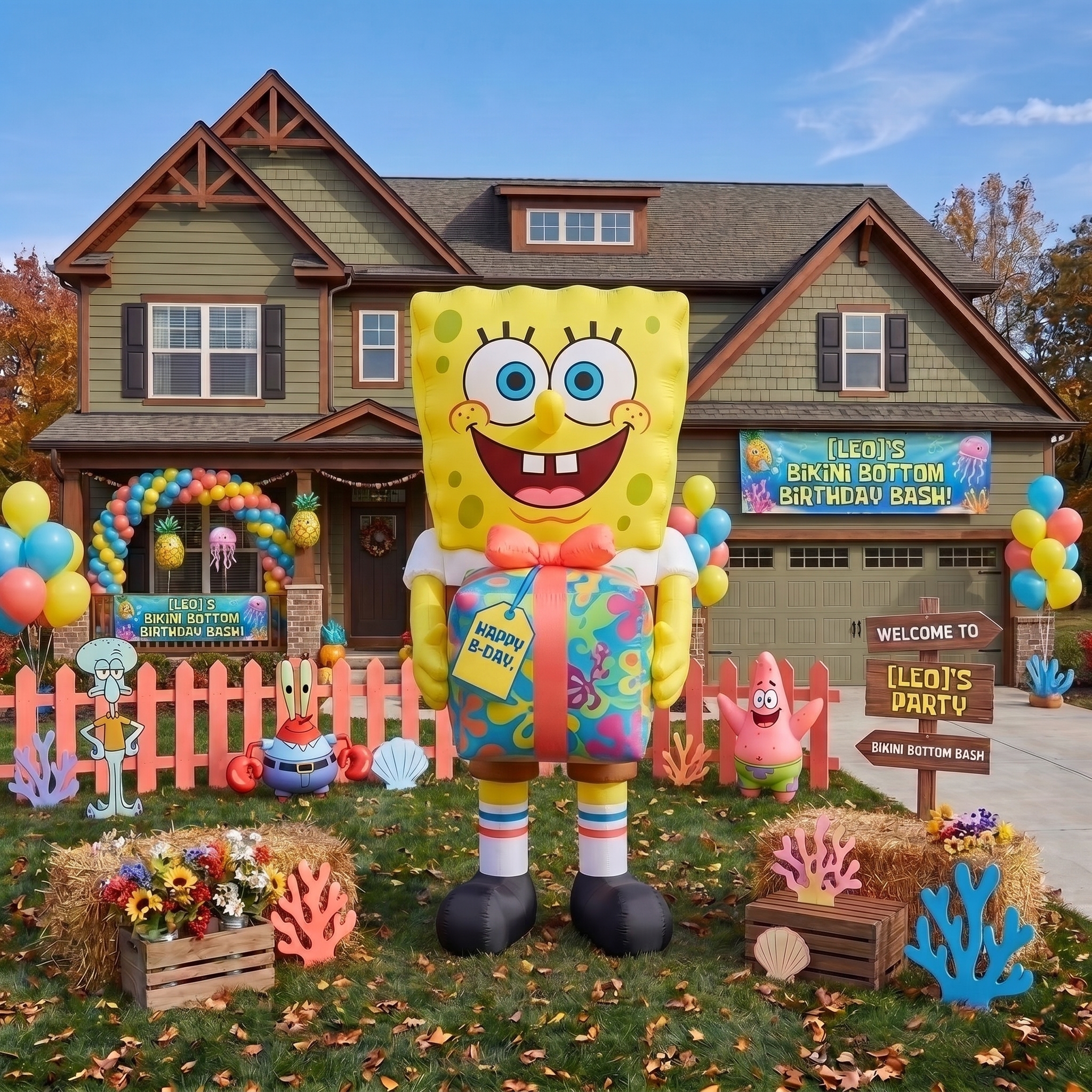 SpongeBob SquarePants with Birthday Present 10' Foot Tall Massive Caracter Inflatable LED Blow Up Decoration Party Prop Birthday