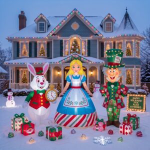 Alice in Wonderland Rabbit Mad Hatter Skye Inflatable Trio Yard 10' Foot Wide Decoration Party Prop Sign with Christmas Presents