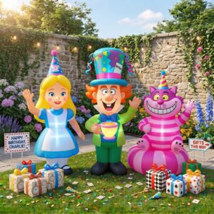Alice in Wonderland Characters Inflatable Trio Yard 10' Foot Wide Decoration Party Prop Sign with Birthday Presents