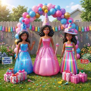 Black Barbie Dolls Characters Inflatable Trio Yard 10' Foot Wide Decoration Party Prop Sign with Birthday Presents