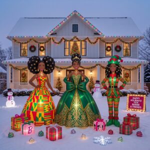 Black Barbie Dolls Inflatable Trio Yard 10' Foot Wide Decoration Party Prop Sign with Christmas Presents