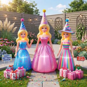 Blonde Barbie Dolls Characters Inflatable Trio Yard 10' Foot Wide Decoration Party Prop Sign with Birthday Presents