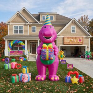 Barney with Birthday Present 10' Foot Tall Massive Caracter Inflatable LED Blow Up Decoration Party Prop Birthday