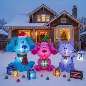Blue's Clues Magenta Kitty Inflatable Trio Yard 10' Foot Wide Decoration Party Prop Sign with Christmas Presents