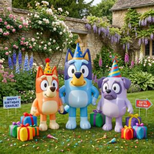 Bluey Characters Inflatable Trio Yard 10' Foot Wide Decoration Party Prop Sign with Birthday Presents