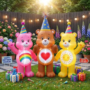 Care Bears Characters Inflatable Trio Yard 10' Foot Wide Decoration Party Prop Sign with Birthday Presents