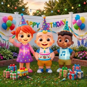 Cocomelon Characters Inflatable Trio Yard 10' Foot Wide Decoration Party Prop Sign with Birthday Presents