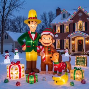 Curious George Man in Yellow Hat and Dog Inflatable Trio Yard 10' Foot Wide Decoration Party Prop Sign with Christmas Presents