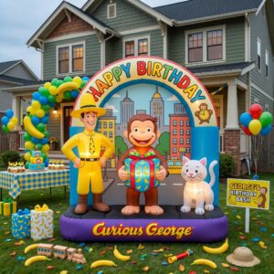 Curious George Characters Giant Yard Inflatable Scene 8' Foot Tall by 10' Foot Wide Decoration Party Prop Sign Birthday
