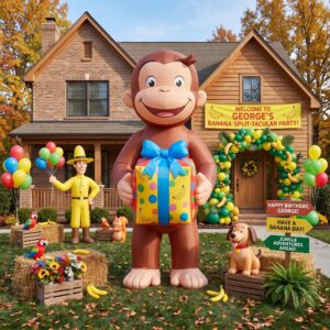 Curious George with Birthday Present 10' Foot Tall Massive Caracter Inflatable LED Blow Up Decoration Party Prop Birthday