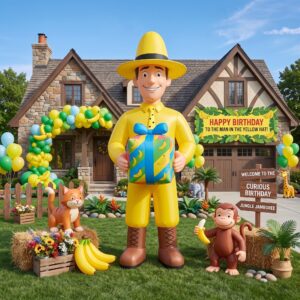 Curious George Man in Yellow Hat with Birthday Present 10' Foot Tall Massive Caracter Inflatable LED Blow Up Decoration Party Prop Birthday