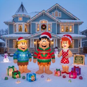 The Flintstones Barney Fred Wilma Inflatable Trio Yard 10' Foot Wide Decoration Party Prop Sign with Christmas Presents