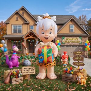 Flintstones BamBam with Birthday Present 10' Foot Tall Massive Caracter Inflatable LED Blow Up Decoration Party Prop Birthday
