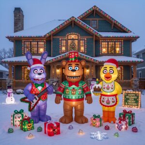 FNAF Five Nights at Freddy's Chica Bonnie Freddy Inflatable Trio Yard 10' Foot Wide Decoration Party Prop Sign with Christmas Presents