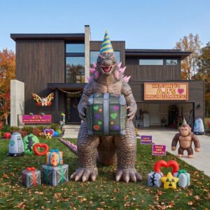 Godzilla with Birthday Present 10' Foot Tall Massive Caracter Inflatable LED Blow Up Decoration Party Prop Birthday