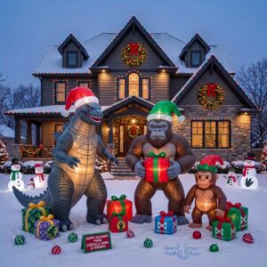 Godzilla Kong Suko Inflatable Trio Yard 10' Foot Wide Decoration Party Prop Sign with Christmas Presents